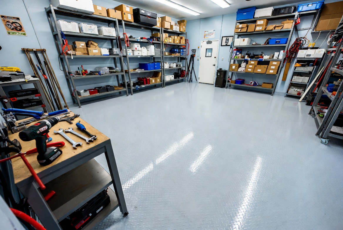 Light gray solid-color epoxy floor in a commercial workshop and storage room