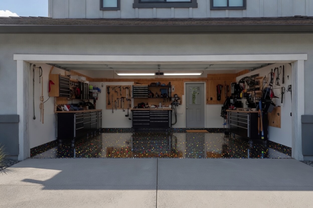 Black metallic flake epoxy garage floor with multi-color fleck and high-gloss finish
